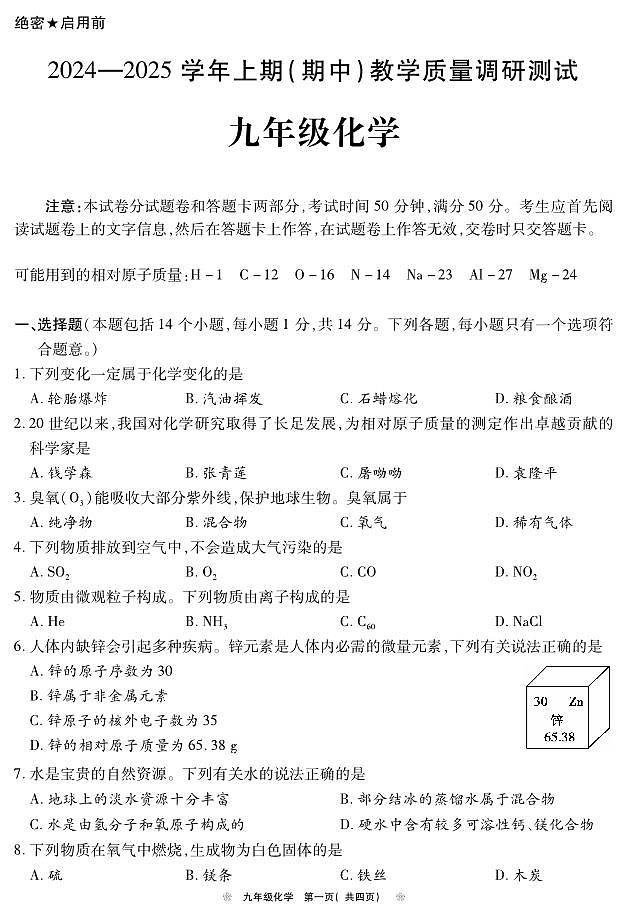 河南省鹤壁市2024--2025学年九年级上学期期中教学质量调研测试化学试题01