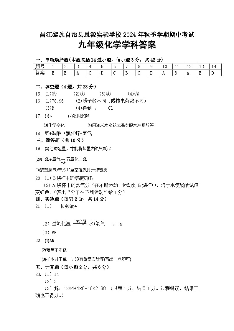 九年级化学学科答案第1页