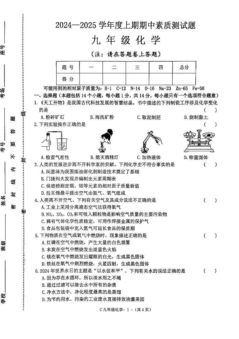 河南省驻马店市确山县2024-2025学年九年级上学期11月期中化学试题01