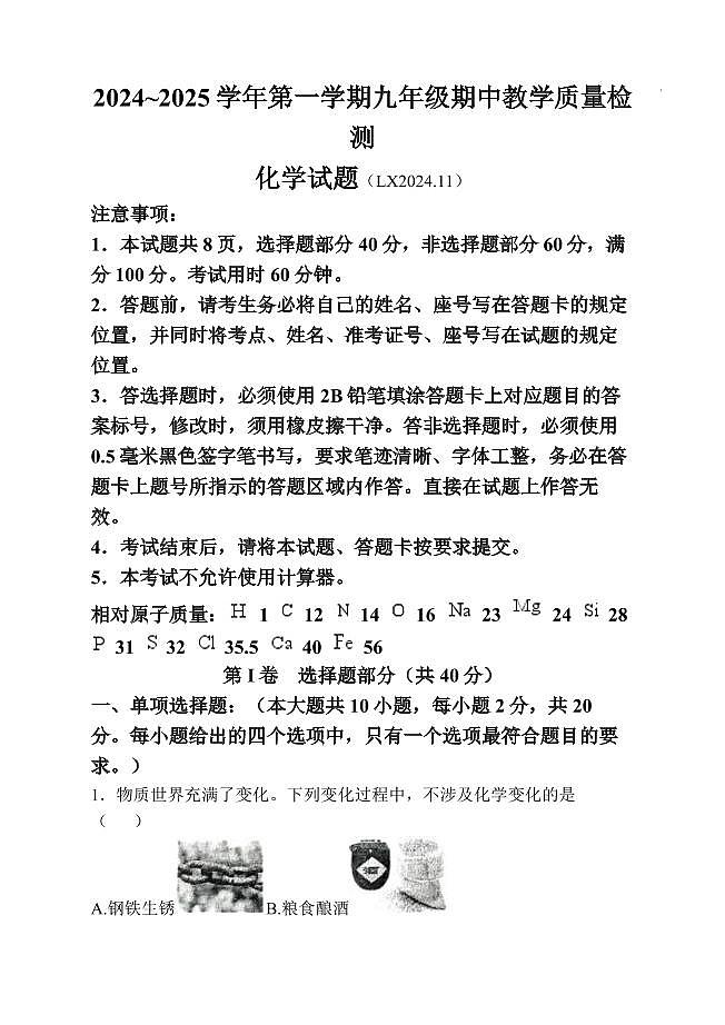 山东省济南市历下区2024-2025学年九年级上学期期中考试化学试题01