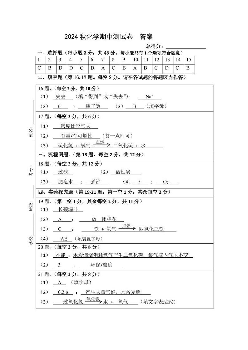 2024秋岭北五校化学 期中测试卷 答案第1页