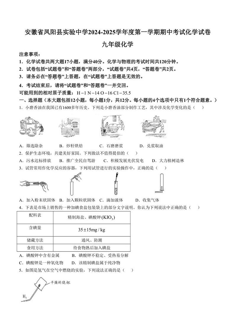 安徽省滁州市凤阳县实验中学2024～2025学年九年级上学期11月期中考试化学试题(含答案)第1页