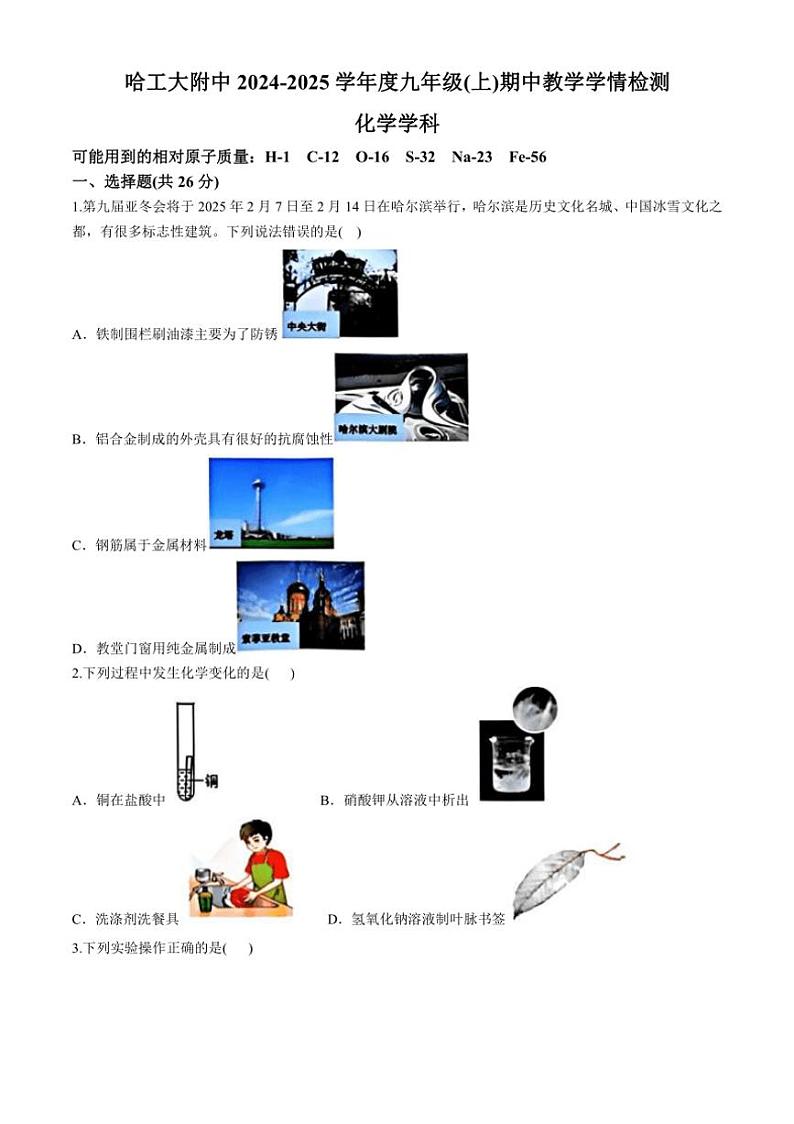 黑龙江省哈尔滨市工业大学附属中学校2024～2025学年九年级上学期期中化学试卷（含答案）第1页