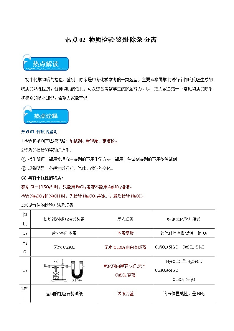 中考化学【热点·重点·难点】专练(全国通用)热点02物质检验﹑鉴别﹑除杂﹑分离(原卷版+解析)第1页