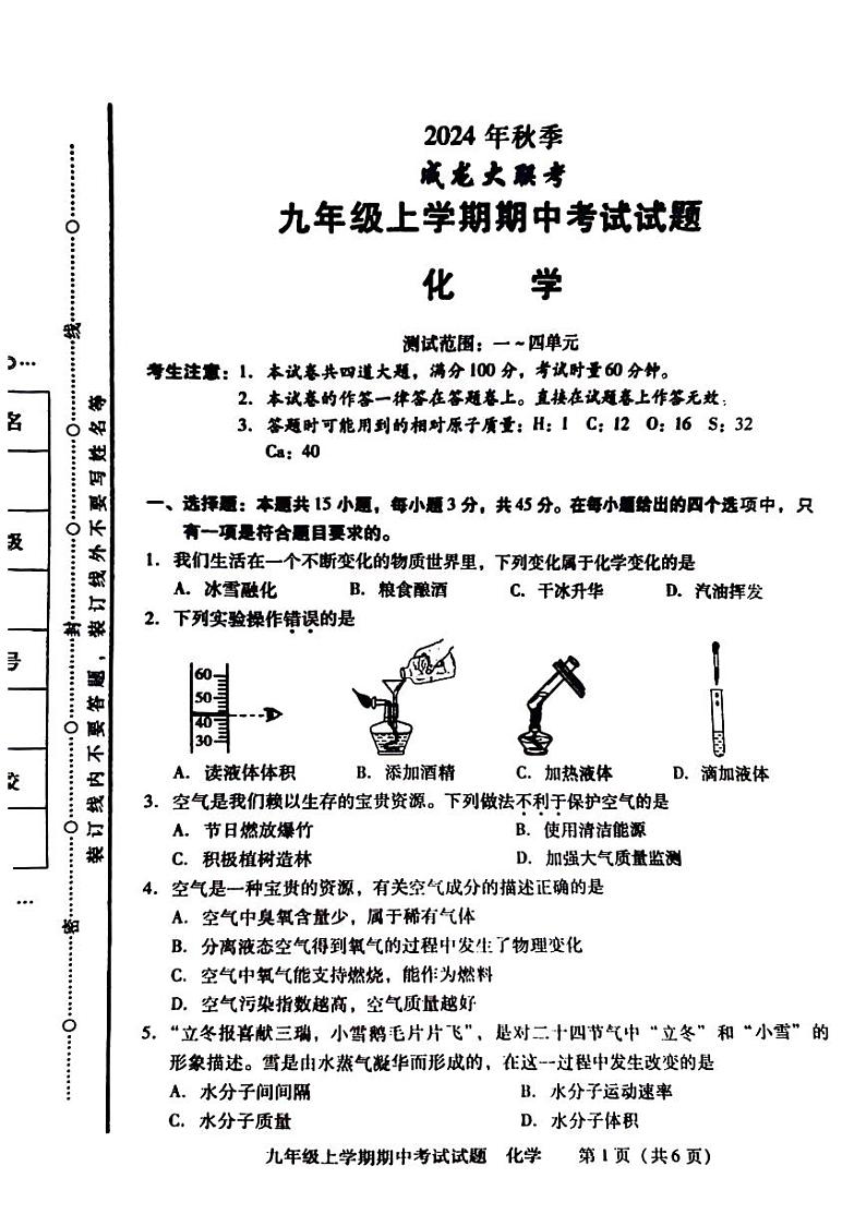 湖南省衡阳市成龙大联考2024-2025学年九年级上学期期中考试化学试题01