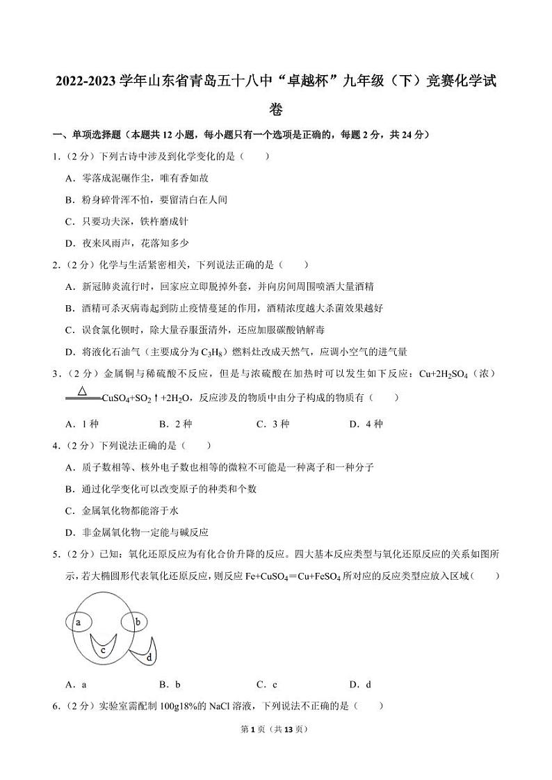 2022-2023学年山东省青岛五十八中“卓越杯”九年级（下）竞赛化学试卷第1页