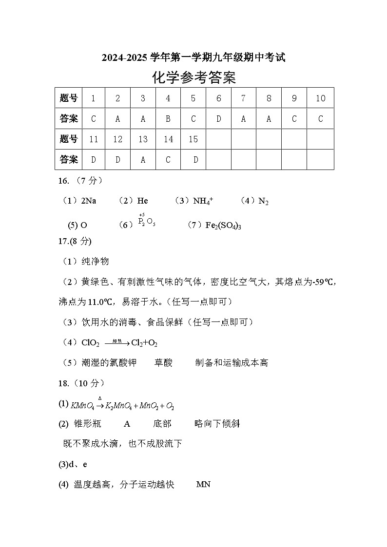 2024-2025学年第一学期九年级期中考试 化学参考答案第1页