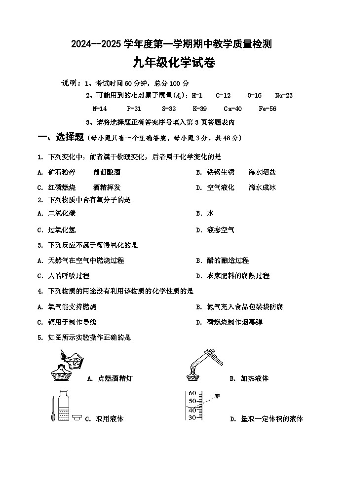 河北省秦皇岛市卢龙县2024-2025学年九年级上学期期中化学试题第1页