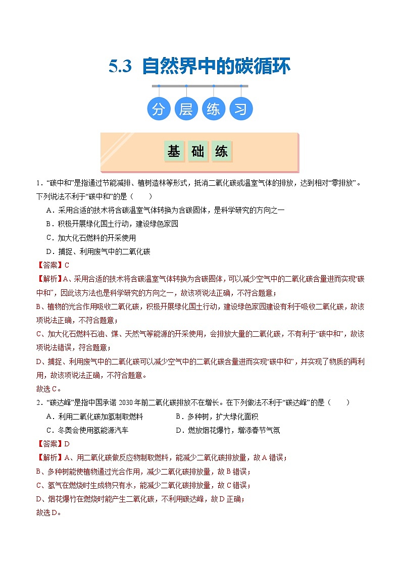 5.3 自然界中的碳循环（分层练习）（解析版）第1页