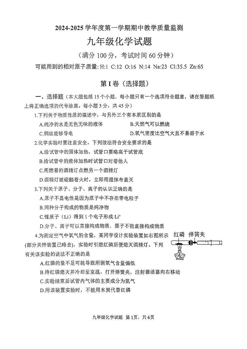 山东省枣庄市市中区2024--2025学年九年级上学期期中考试化学试题01