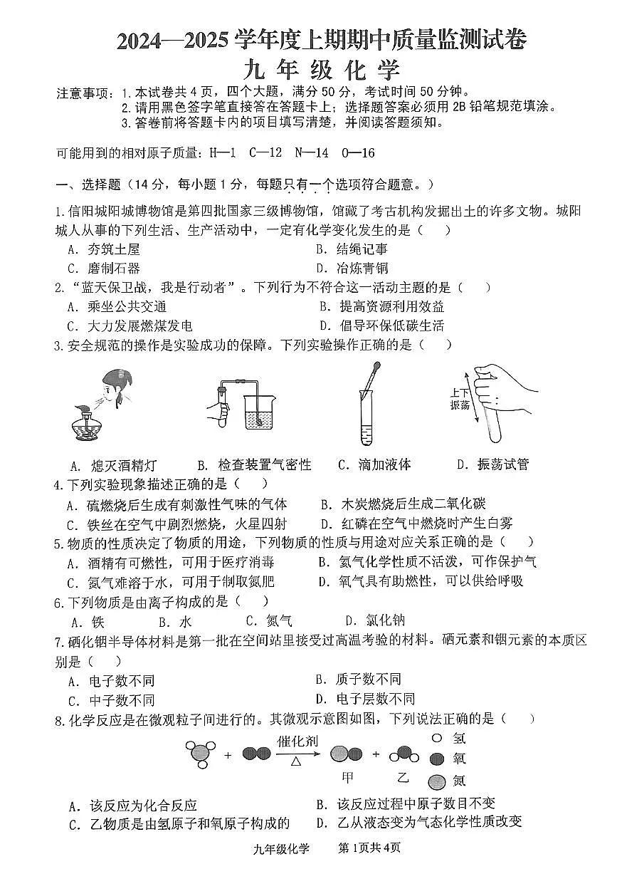 河南省罗山县2024-2025上期期中九年级化学试卷第1页