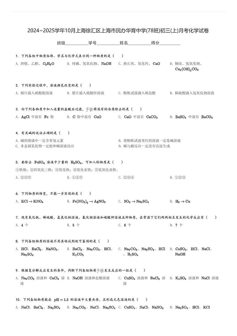 2024～2025学年10月上海徐汇区上海市民办华育中学(78班)初三(上)月考化学试卷[原题+解析]第1页