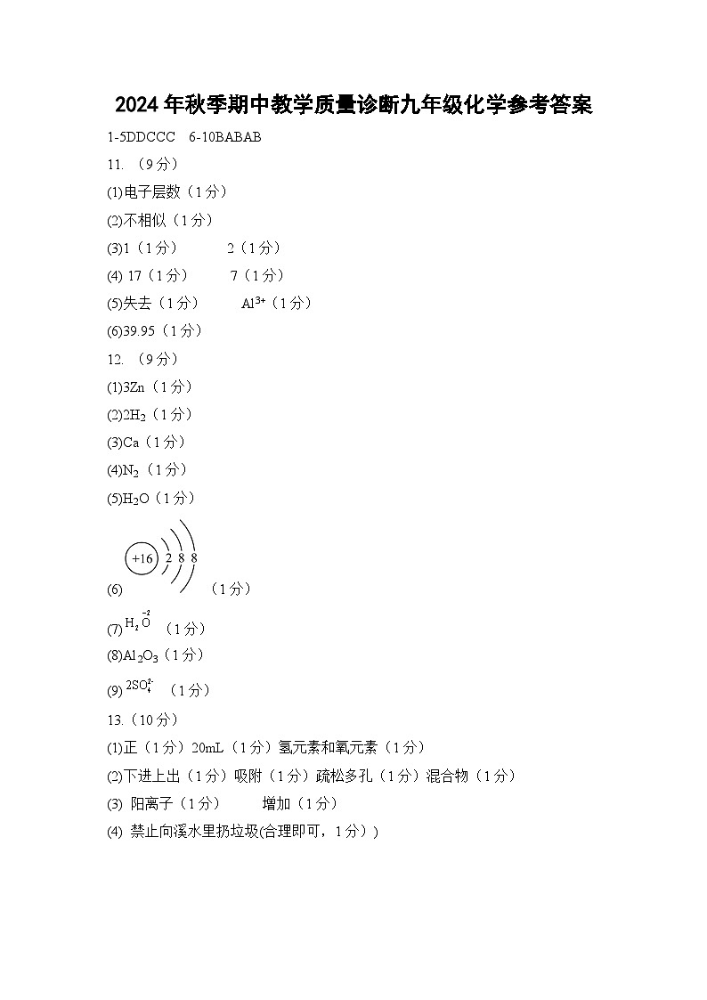 九年级化学参考答案第1页