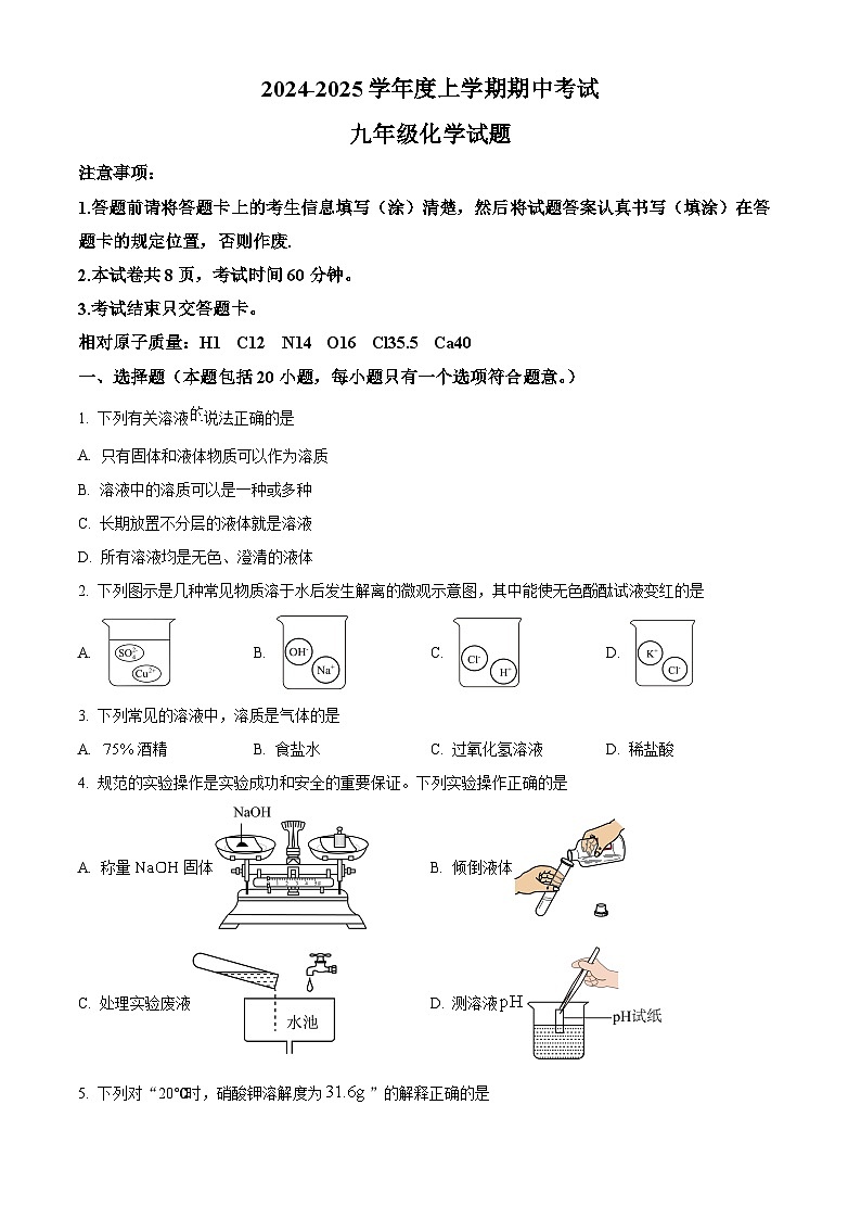 解析：山东省泰安市肥城市2024-2025学年九年级上学期11月期中考试化学试题（原卷版）第1页