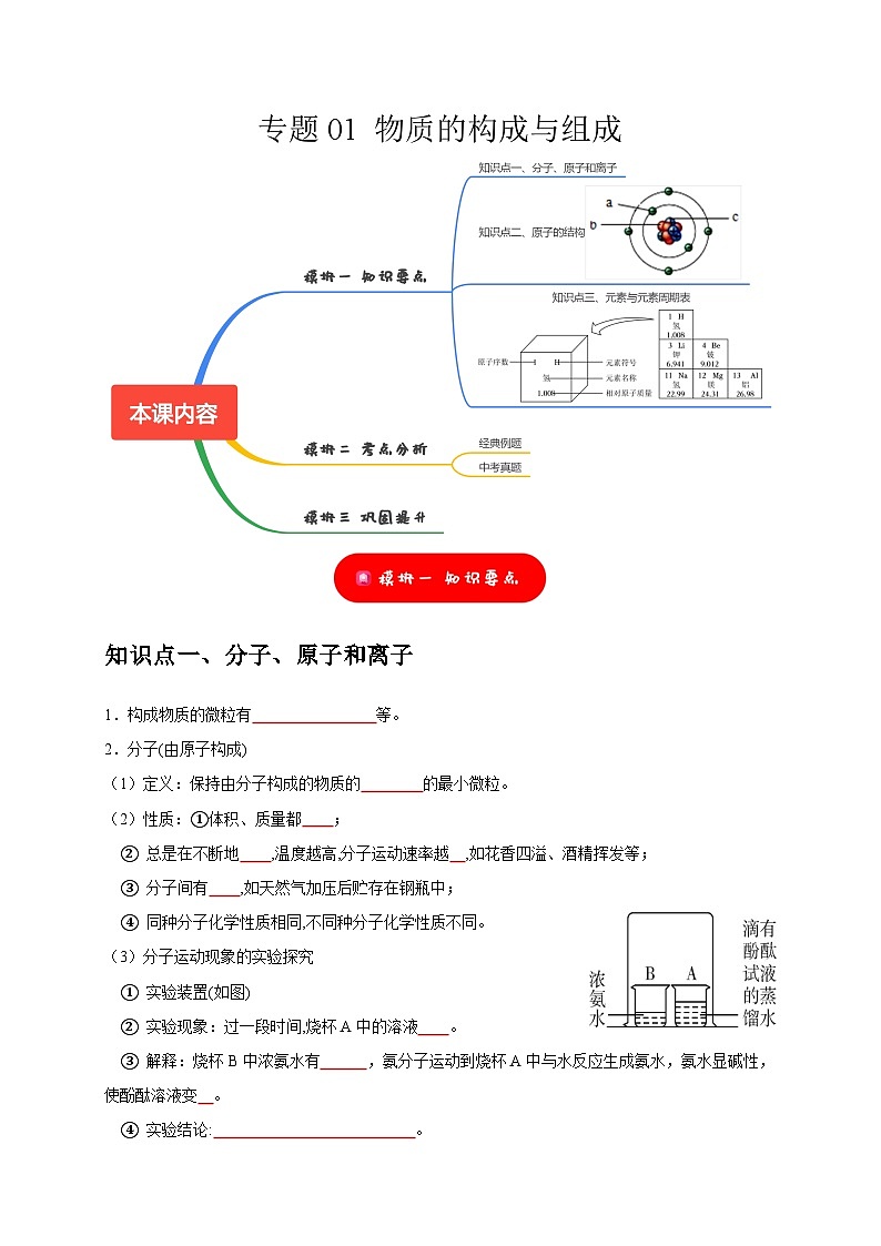 2025年中考化学一轮复习考点过关练习专题01 物质的构成与组成（原卷版）第1页