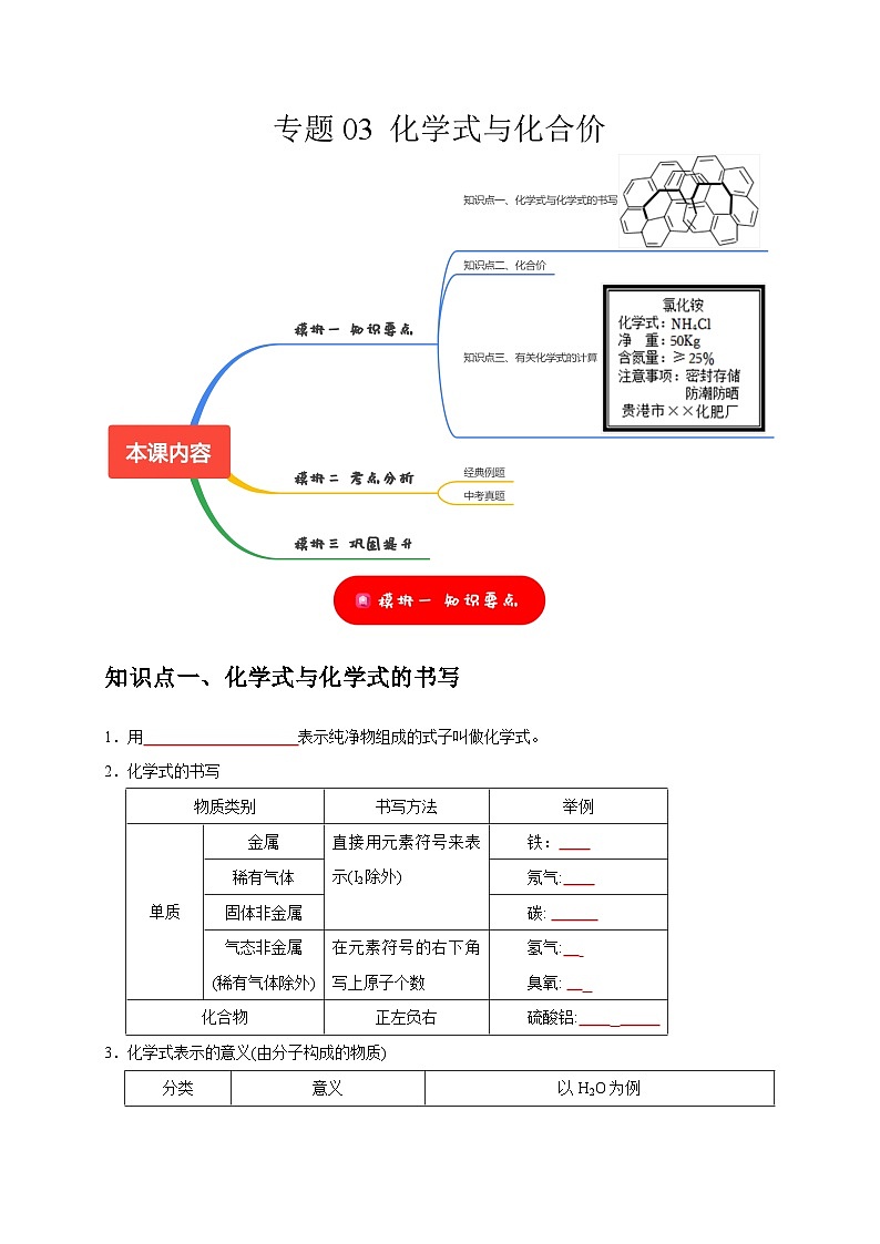 2025年中考化学一轮复习考点过关练习专题03 化学式与化合价（原卷版）第1页