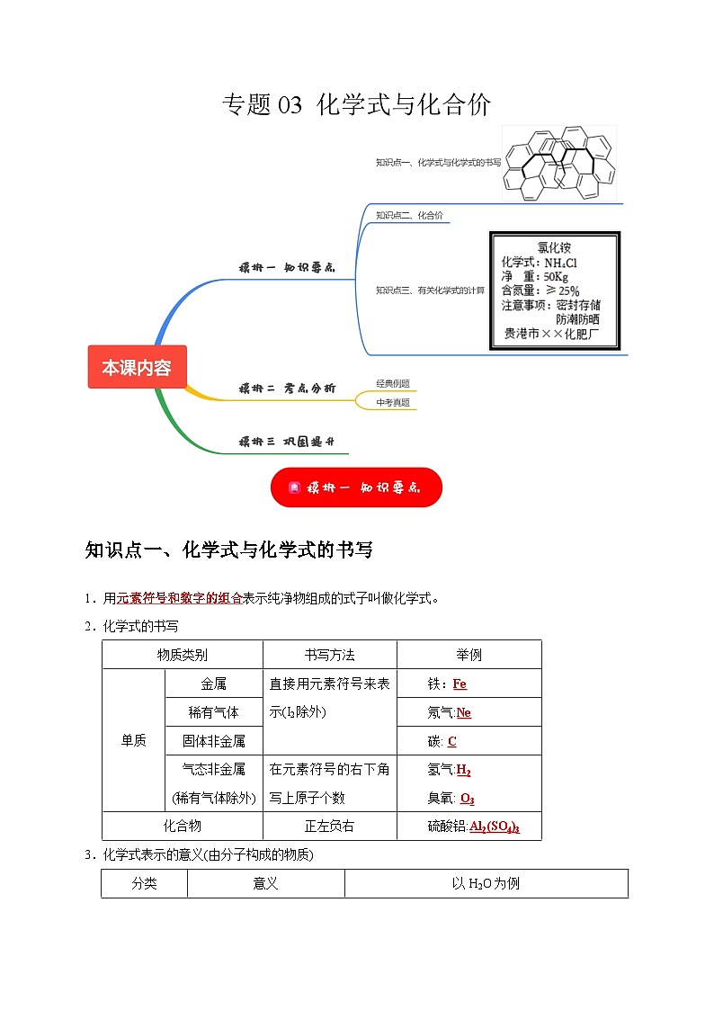 2025年中考化学一轮复习考点过关练习专题03 化学式与化合价（解析版）第1页