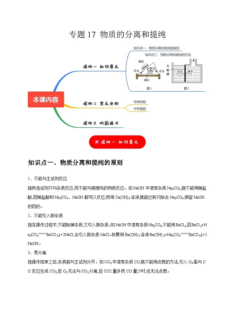 2025年中考化学一轮复习考点过关练习专题17 物质的分离和提纯（原卷版）第1页
