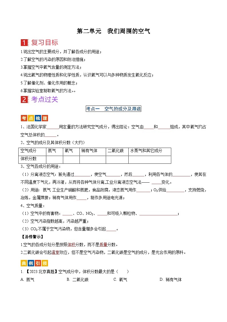 （人教版）中考化学一轮复习考点过关讲义第二单元 我们周围的空气（原卷版）第1页