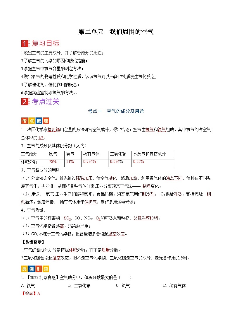 （人教版）中考化学一轮复习考点过关讲义第二单元 我们周围的空气（解析版）第1页