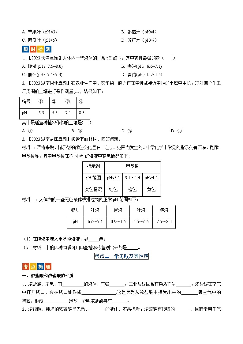（人教版）中考化学一轮复习考点过关讲义第十单元 酸和碱（原卷版）第2页