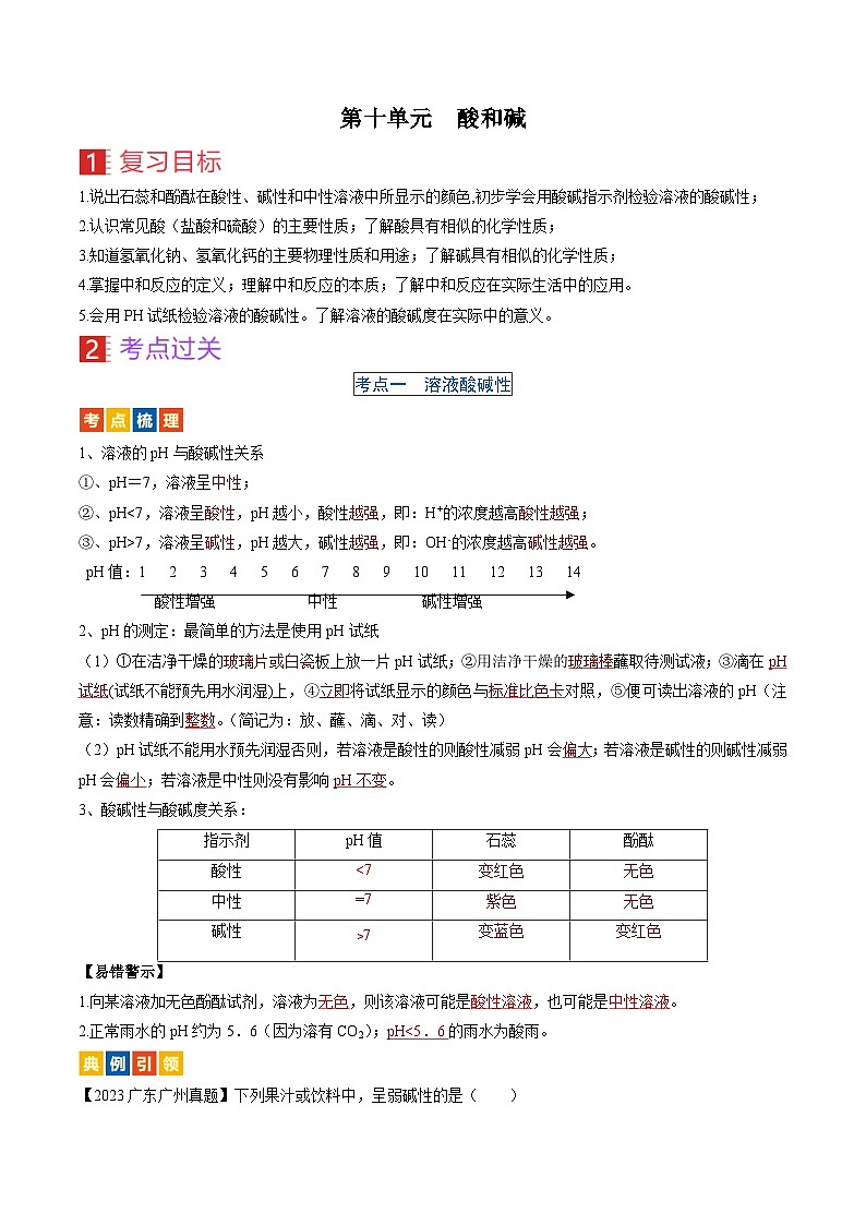 （人教版）中考化学一轮复习考点过关讲义第十单元 酸和碱（解析版）第1页
