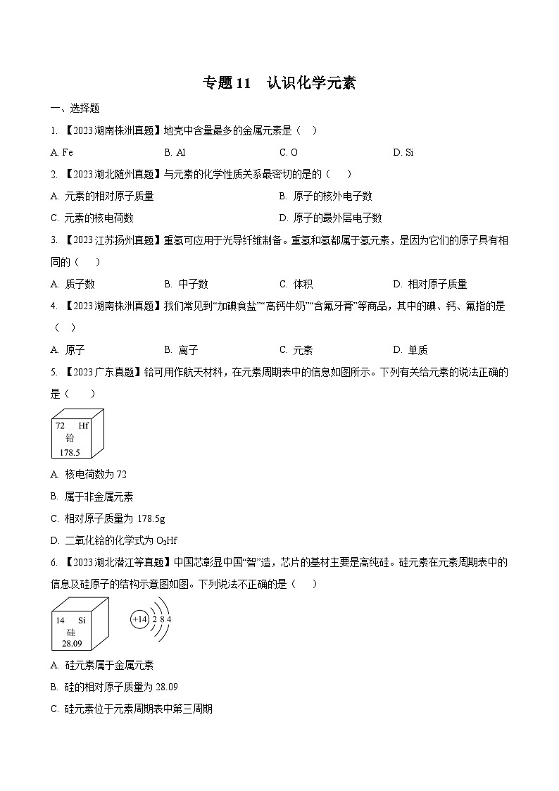 2025年中考化学真题分项汇编专题11 认识化学元素（2份，原卷版+解析版）01
