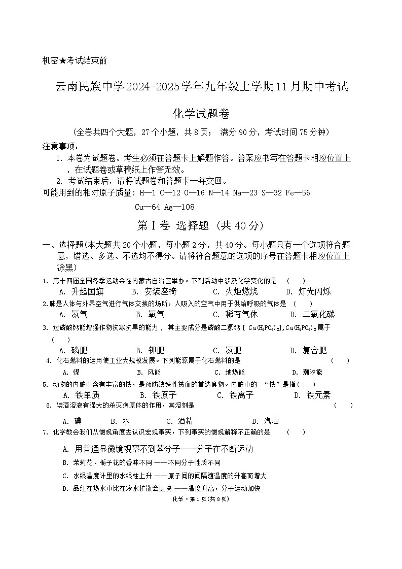 云南民族中学2024-2025学年九年级上学期11月期中考试化学试题卷第1页