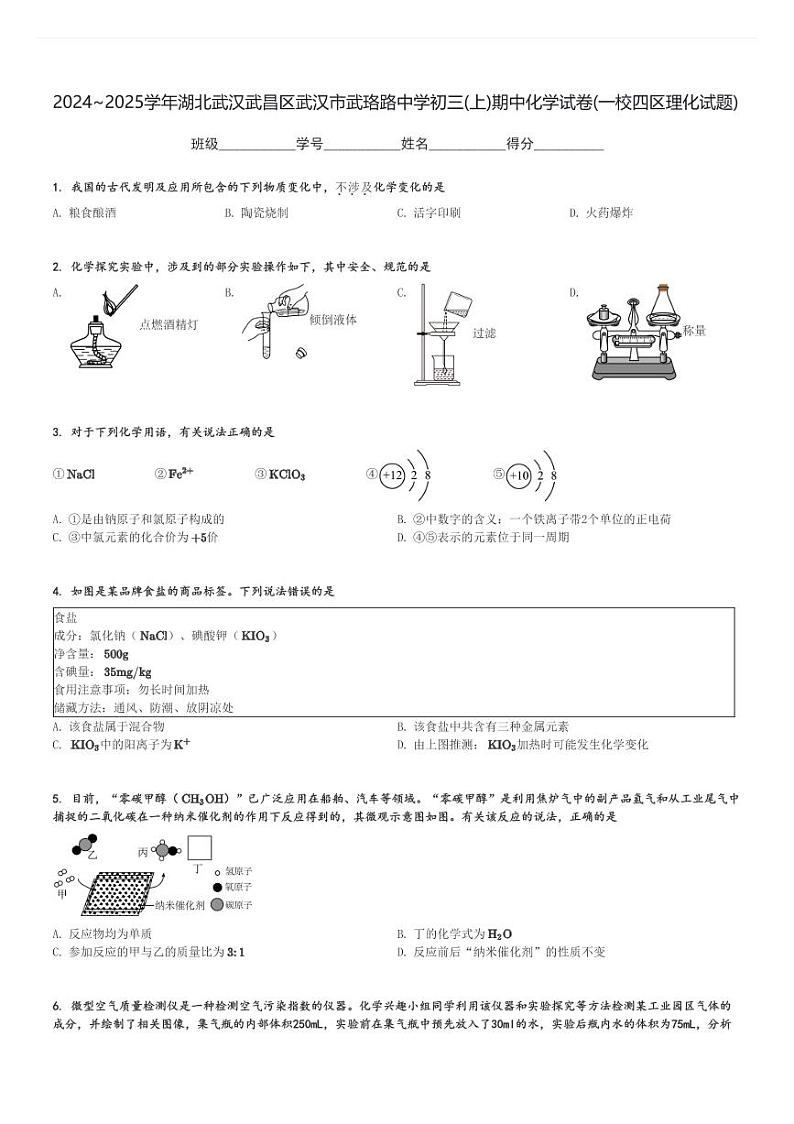 2024～2025学年湖北武汉武昌区武汉市武珞路中学初三(上)期中化学试卷(一校四区理化试题)[原题+解析]第1页