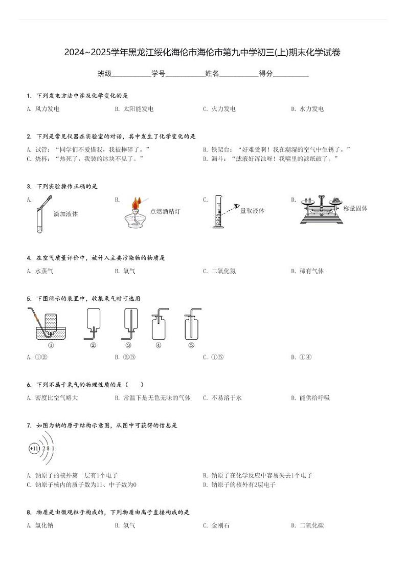2024～2025学年黑龙江绥化海伦市海伦市第九中学初三(上)期末化学试卷[原题+解析]第1页