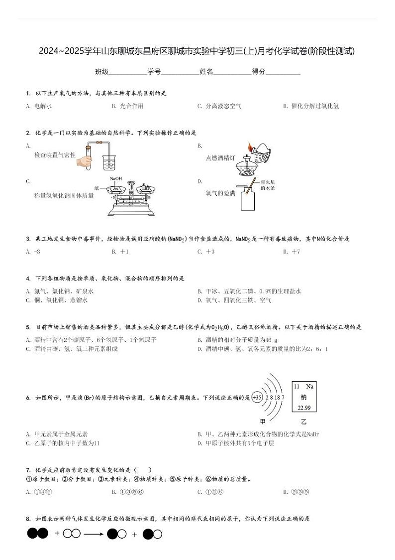 2024～2025学年山东聊城东昌府区聊城市实验中学初三(上)月考化学试卷(阶段性测试)[原题+解析]第1页