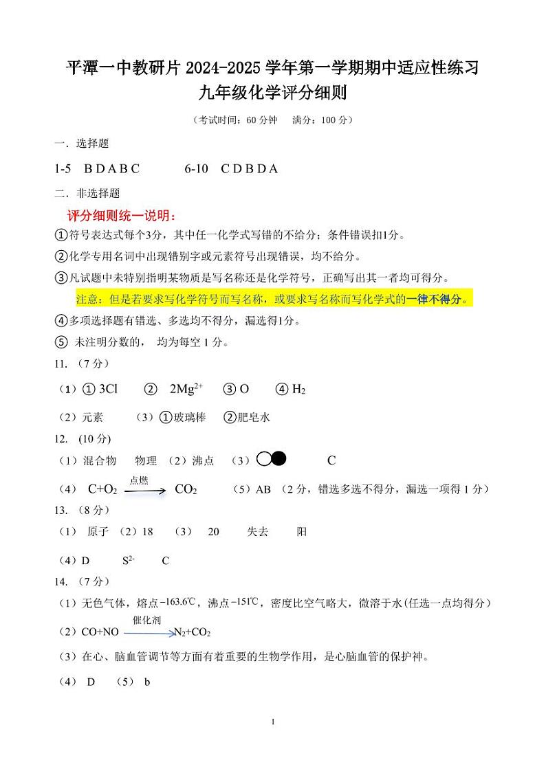 九年级化学评分细则第1页