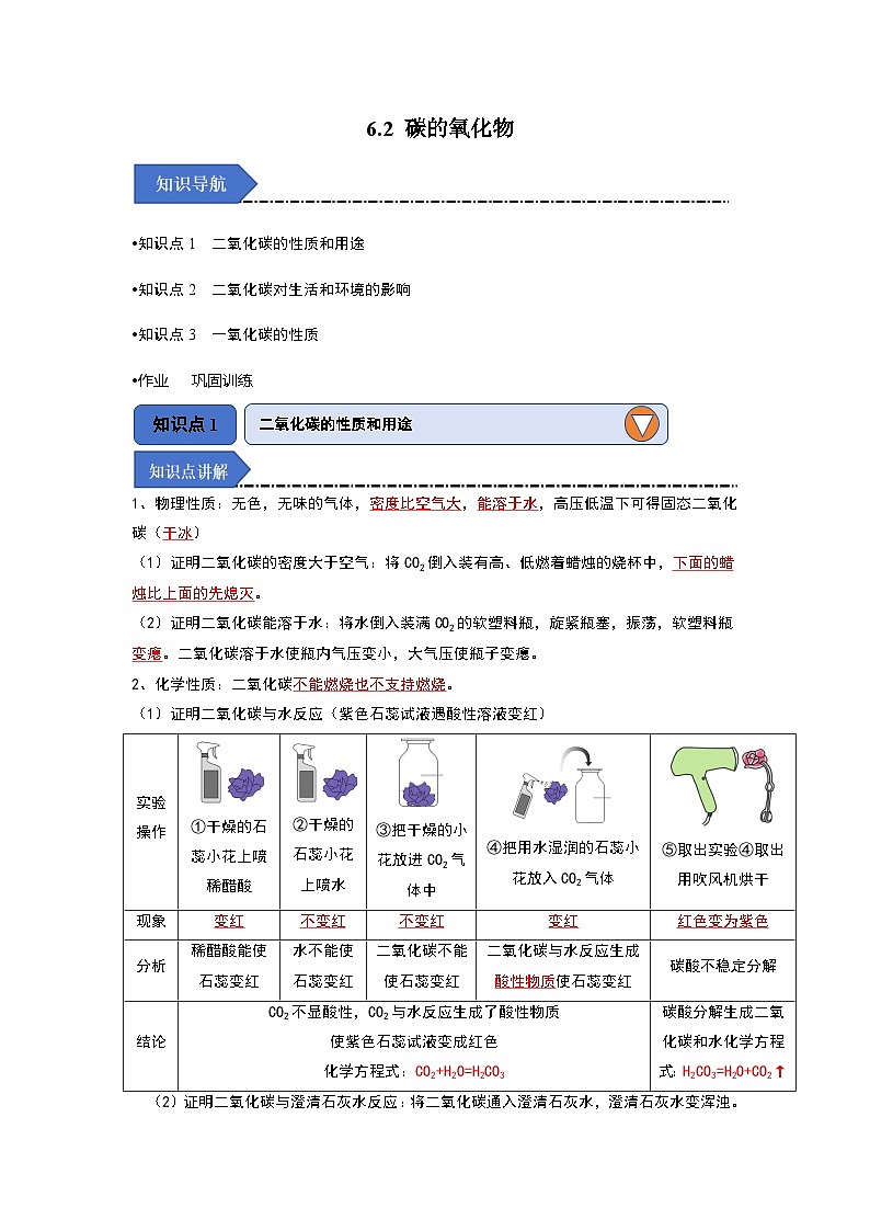 6.2 碳的氧化物-初中化学九年级上册 知识点梳理+专项训练（人教版2024）01