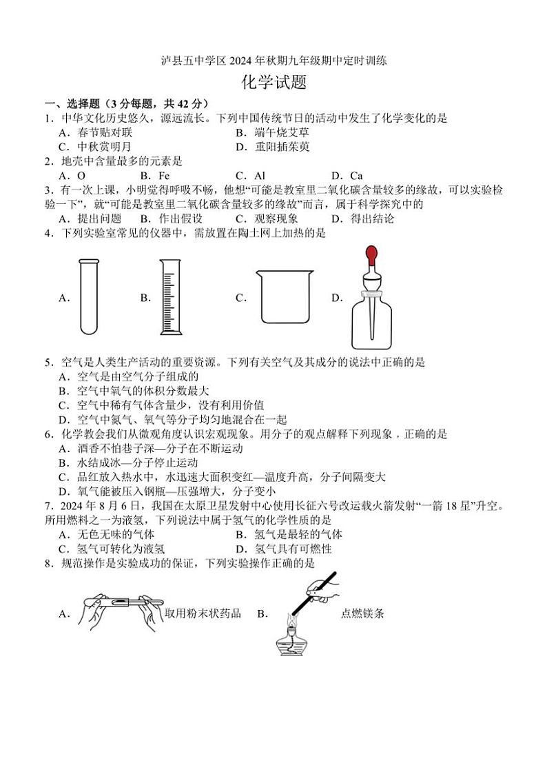 四川省泸州市泸县五中学区2024～2025学年九年级(上)期中定时训练化学试题(含答案)第1页