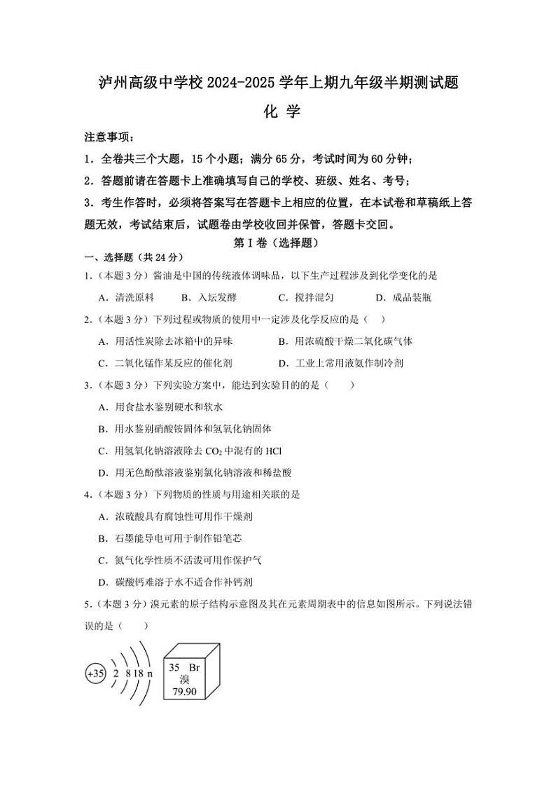 四川省泸州高级中学校2024～2025学年九年级(上)期中考试化学试题(含答案)01