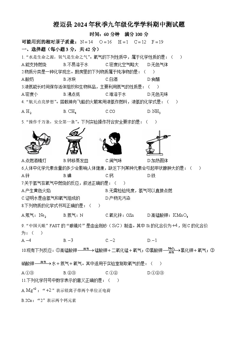 海南省澄迈县2024--2025学年九年级上学期化学期中测试题01