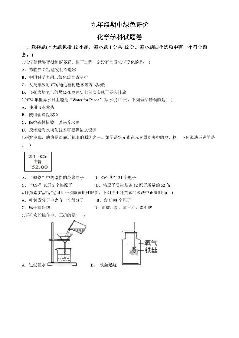 安徽省合肥市第四十二中学2024～2025学年九年级(上)期中绿色评价化学试卷(含答案)01