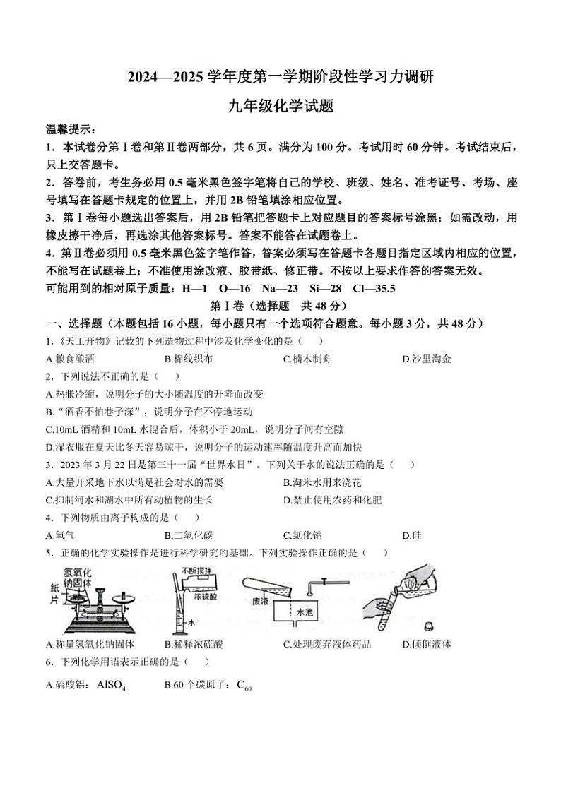 山东省滨州市阳信县2024～2025学年九年级(上)期中化学试卷(含答案)01