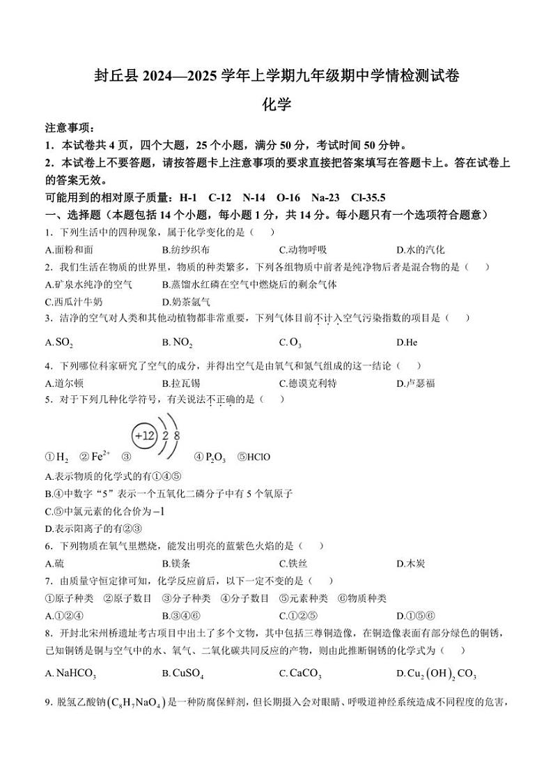 河南省新乡市封丘县2024～2025学年九年级(上)期中化学试卷(含答案)第1页