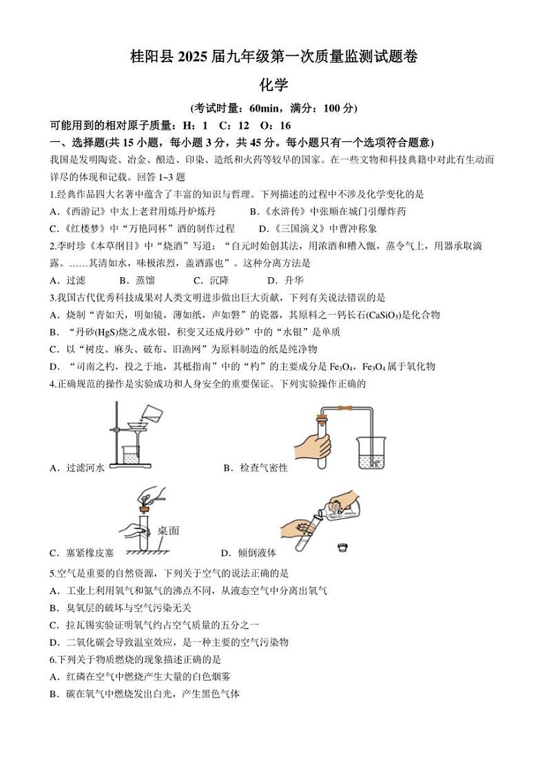 湖南省郴州市桂阳县2024～2025学年九年级(上)期中化学试卷(含答案)第1页