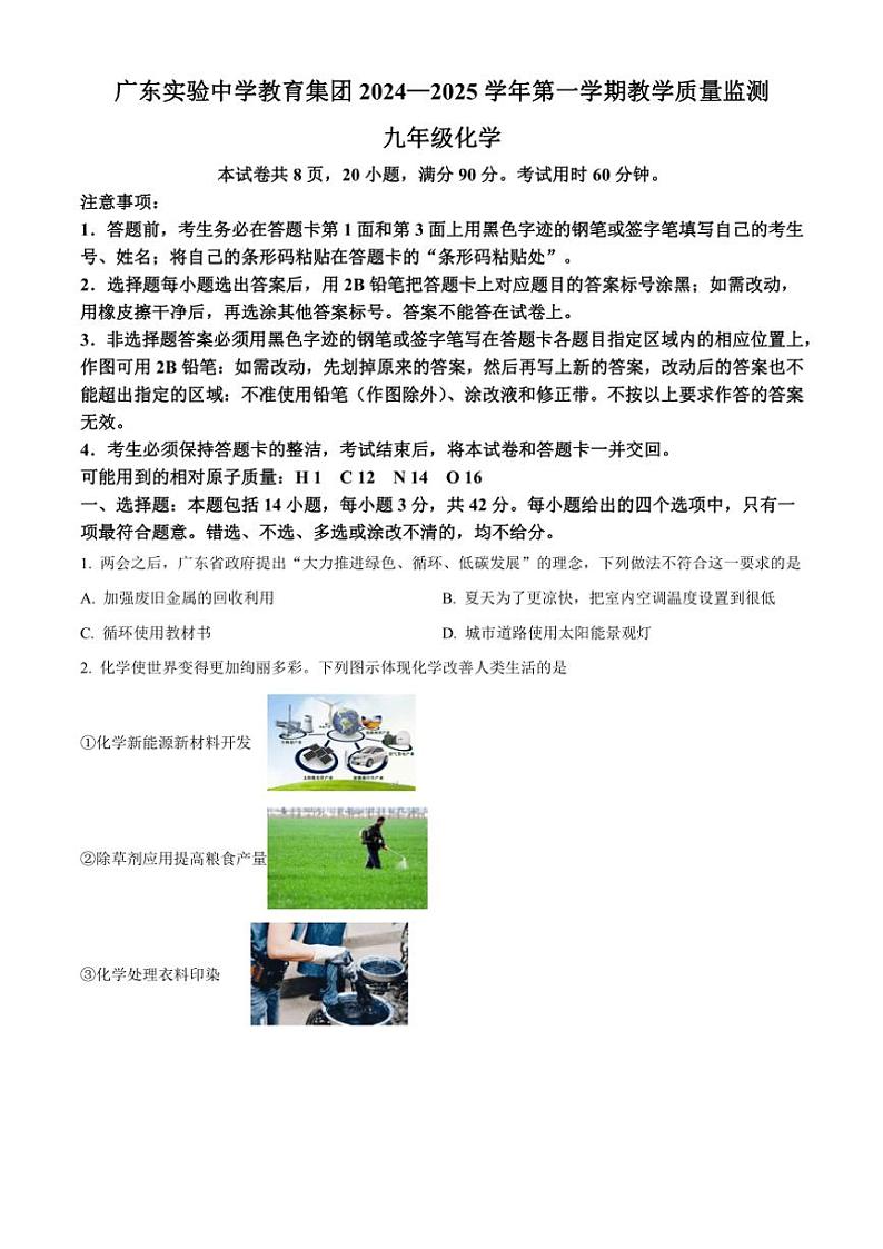 广东省广东实验中学2024～2025学年九年级(上)期中考化学试卷(含答案)01