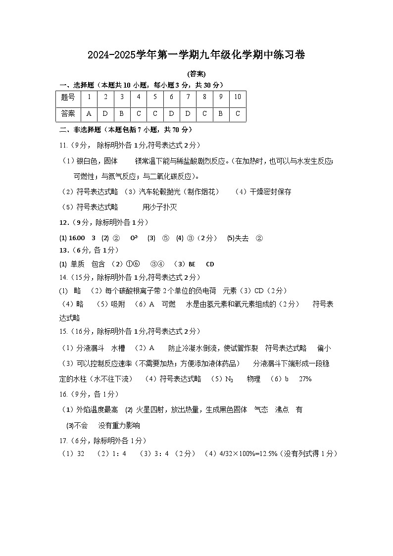 九年级化学参考答案(1)第1页