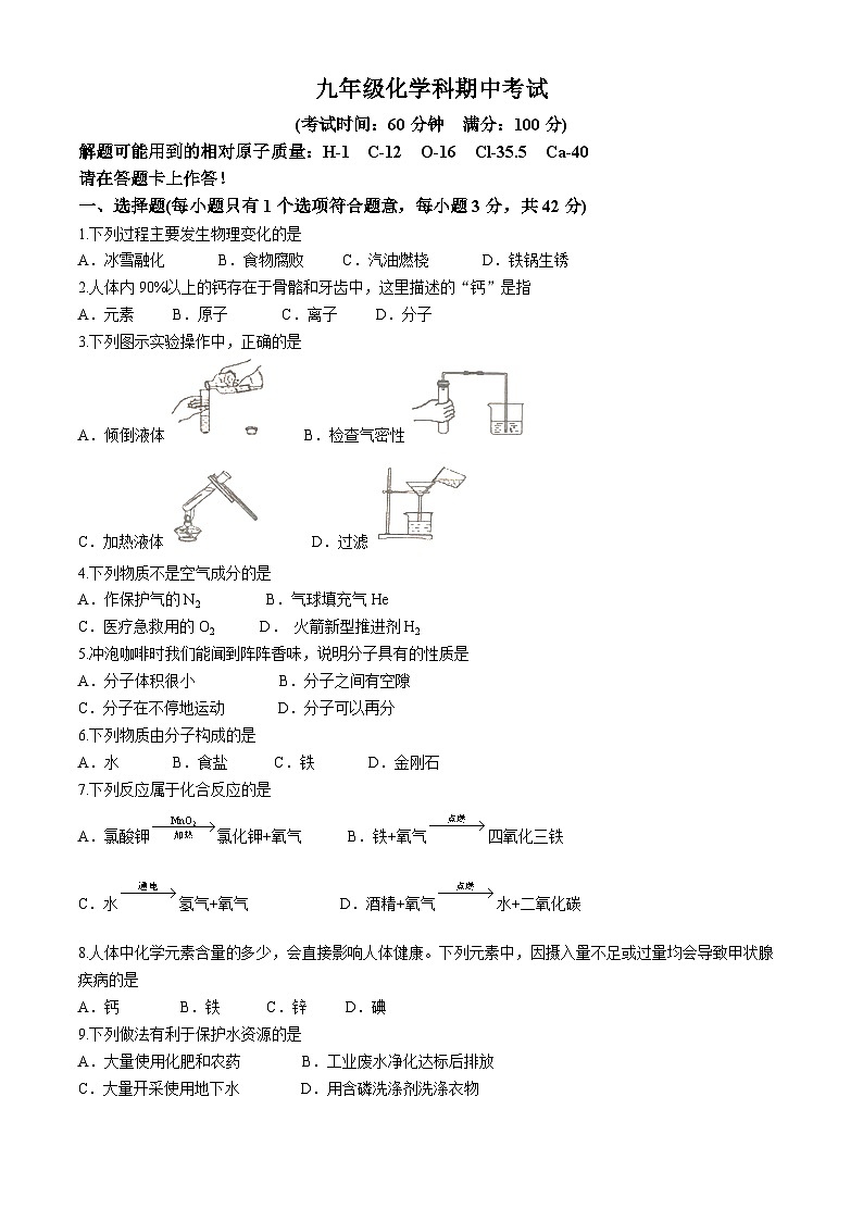 海南省文昌市2024-2025学年九年级上学期期中考试化学试题第1页