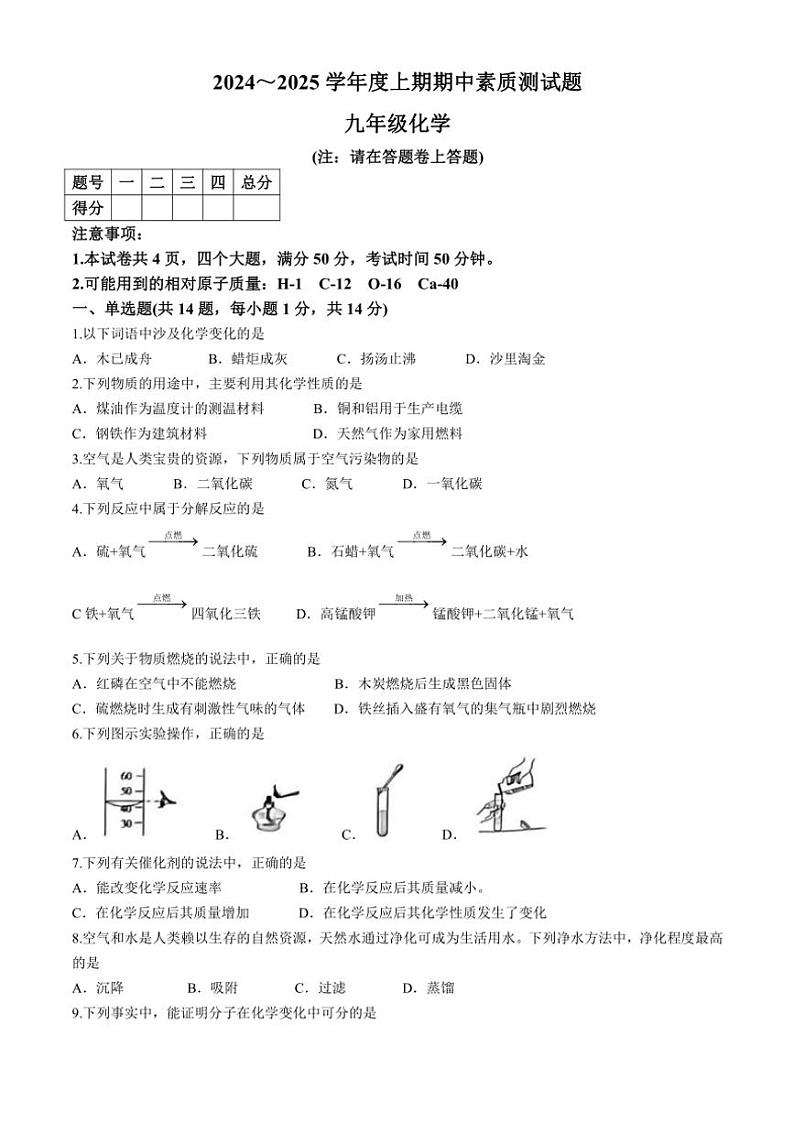 河南省驻马店市泌阳县2024～2025学年九年级(上)期中化学试卷(含答案)第1页