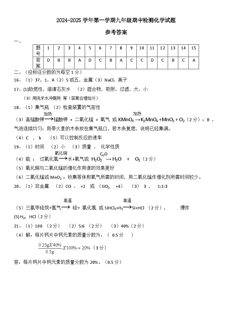 2024-2025第一学期期中教学质量检查九年级化学参考答案第1页