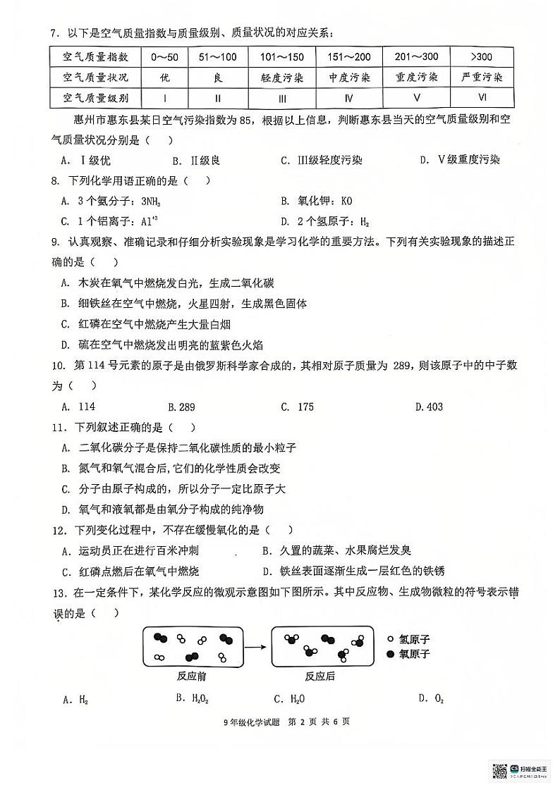2024-2025第一学期期中教学质量检查九年级化学试题第2页
