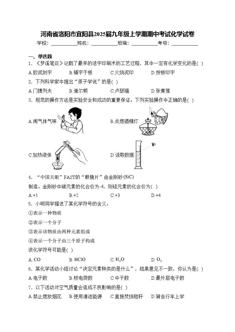 河南省洛阳市宜阳县2025届九年级上学期期中考试化学试卷(含答案)第1页