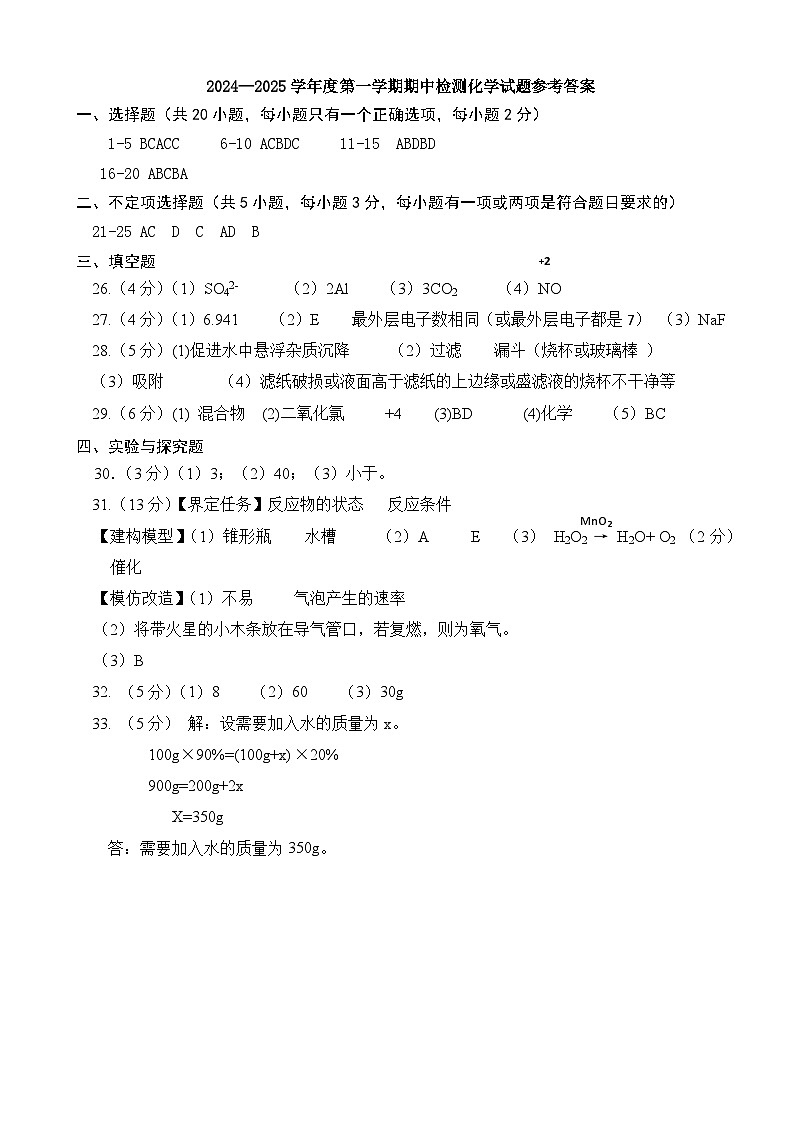 山东省枣庄市台儿庄区2024-2025学年九年级上学期期中考试化学试题01