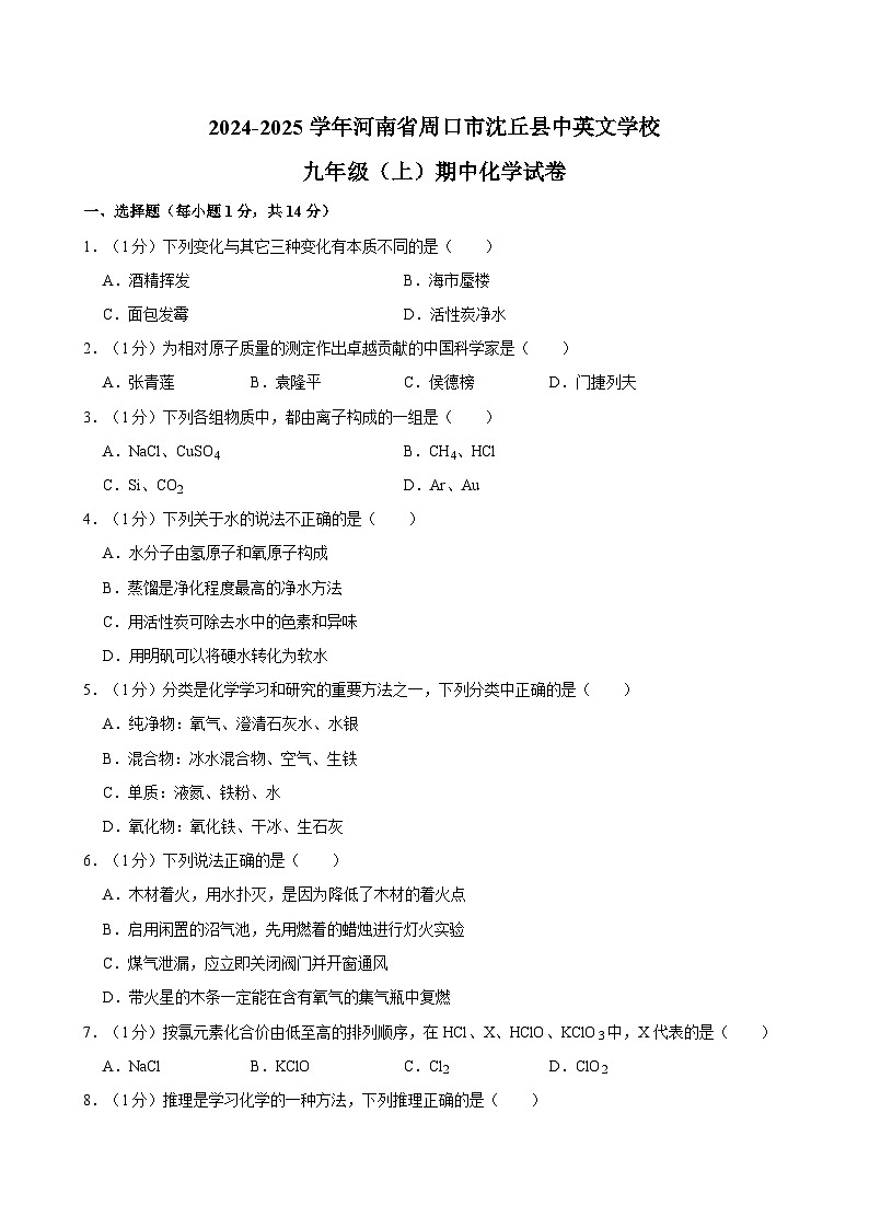 河南省周口市沈丘县中英文学校2024-2025学年上学期九年级期中化学试卷第1页