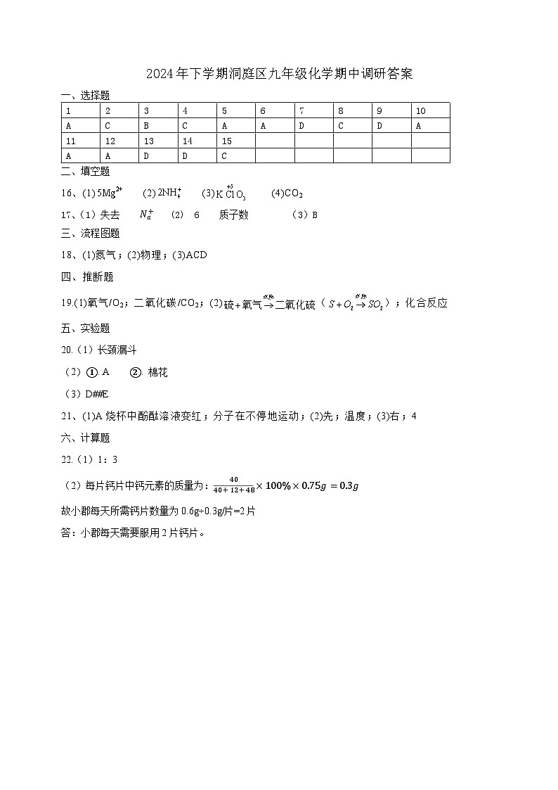 2024年下学期洞庭区九年级化学期中调研答案第1页